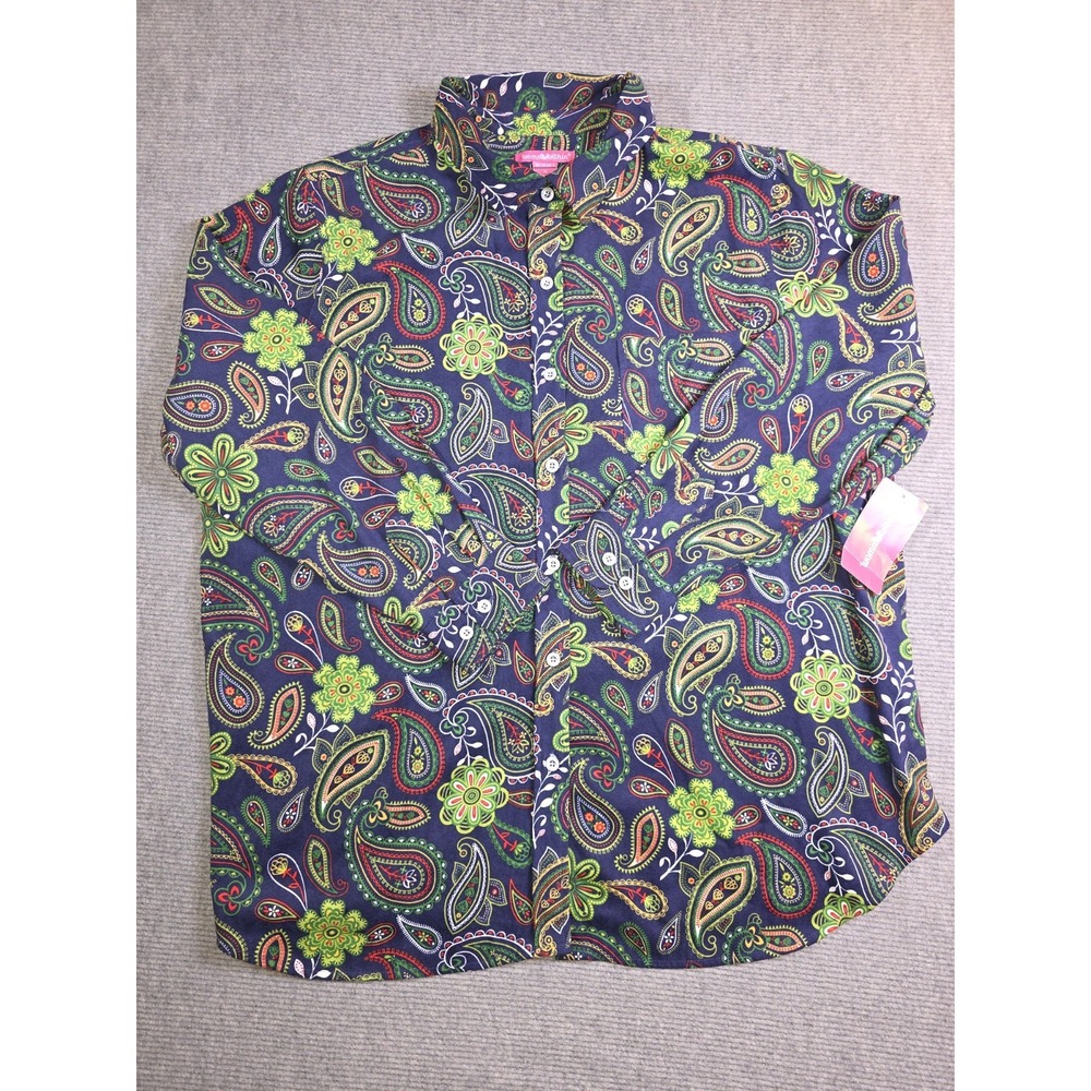 Woman Within Mainstreet Blues 1X Blue Green Paisley Floral  Button-Up Sueded